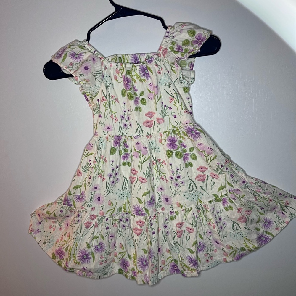 jumping beans Cream Floral Ruffle-Sleeve Dress with Pink & Purple Flowers